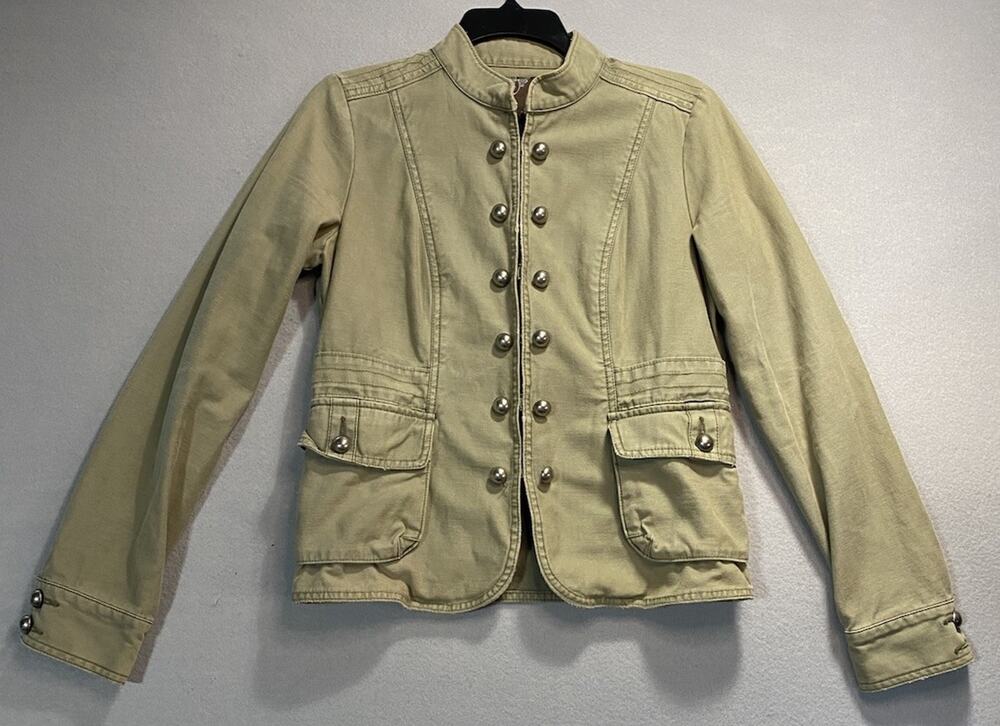 Fossil Womens Green Denim Jacket Med Hook Eye Antique Buttons Poetcore Military